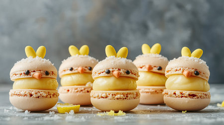 French macarons decorated as Easter chicks, filled with vanilla and lemon curd, set against a concrete background with room for text.の素材