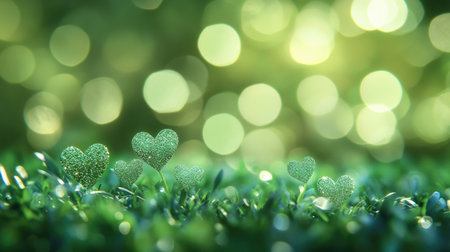 Fresh green background with heart-shaped bokeh lights and glitter, creating a cute and sparkling atmosphere.の素材