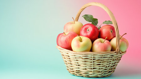 Fresh apples nestled in a bamboo basket against a pastel background, promoting their use in reducing dark circles.の素材