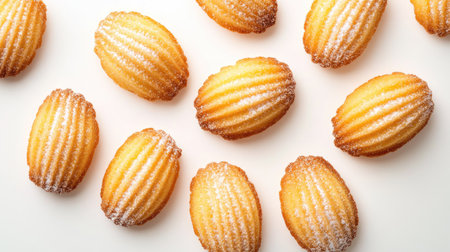 French madeleine cookies, butter-rich and delicate, lightly dusted with icing sugar, captured from above on a white background.の素材