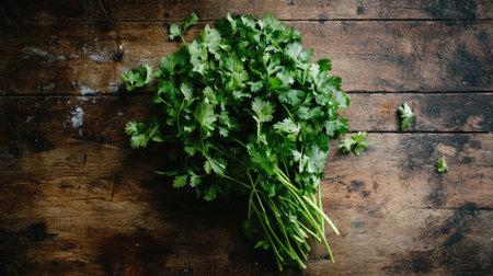 Fresh coriander leaves in a bunch, spread across a wooden table, captured from a top-down perspective.の素材