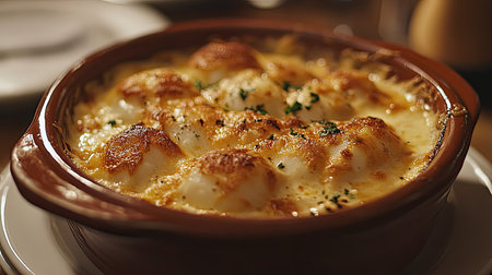 A beautifully baked scallop cream gratin with a crispy, golden cheese topping, served hot in a ceramic dish, perfect for a cozy dinner settingの素材