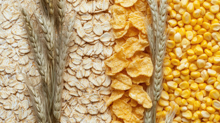 A close-up of different cereal textures, with oatmeal and corn flakes in a side-by-side arrangement, and wheat stems lying across a neutral backdropの素材