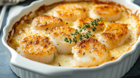 A creamy scallop gratin fresh out of the oven, with a golden, cheesy crust and tender scallops beneath, served in a white dish with a sprig of fresh thymeの素材