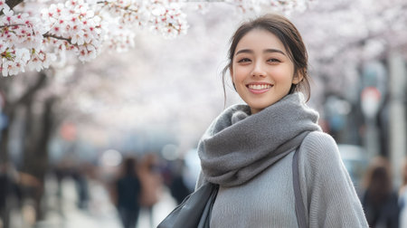 A cheerful woman with a gray scarf walks along a bustling city street lined with sakura trees, the soft petals creating a romantic springtime settingの素材