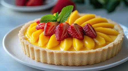 A beautifully presented cheese tart topped with ripe mango slices and fresh strawberries, served on a white plate, capturing a homemade dessert's freshness and flavorの素材