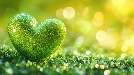 Fresh green heart bokeh with glittering sparkles, creating a cute and lively background for a joyful design.の素材