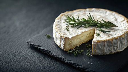 A cut wheel of camembert cheese with a creamy interior, garnished with fresh rosemary sprigs, sitting on a dark slate surfaceの素材