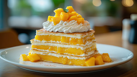 A delectable mille crepe cake on a white plate, layered with thin crepes, fresh mango pieces, and sweet mango sauce, adorned with whipped cream for a summery dessertの素材