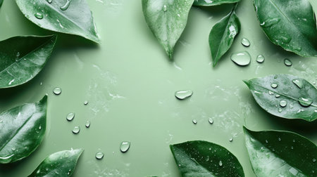 Fresh green background with natural elements like leaves and water droplets, ideal for advertising eco-friendly or organic cosmetic products. Plenty of space for text.の素材