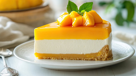 A delicious slice of mango no-bake cheesecake with a glossy glaze and fresh mango topping, set on a bright table with a light, airy background for a refreshing appealの素材