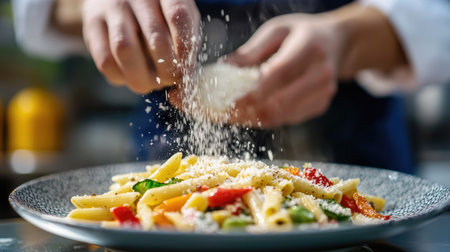 A chef delicately grating parmesan over a colorful plate of penne primavera, featuring a variety of fresh, sautaed vegetablesの素材
