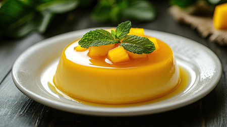 A creamy mango pudding served on a white plate, topped with a glossy layer of mango jelly and fresh mint leaves, a refreshing and vibrant dessert for any occasionの素材