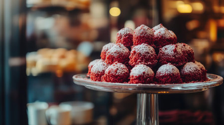 A decadent display of red velvet cromboloni, dusted with powdered sugar and topped with red biscuit crumbs, with a blurred view of a stylish cafe interiorの素材