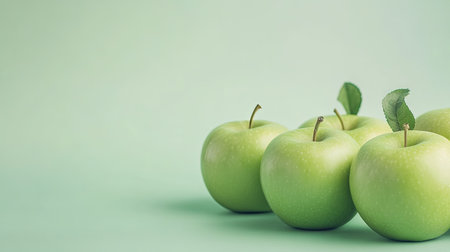 Fresh green apples isolated on a simple background, with copy space for text. Organic and abstract.の素材