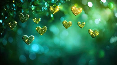 Fresh green bokeh background with sparkling heart-shaped lights and glitter, perfect for a cute and playful look.の素材