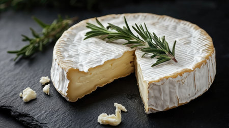 A cut wheel of camembert cheese with a creamy interior, garnished with fresh rosemary sprigs, sitting on a dark slate surfaceの素材