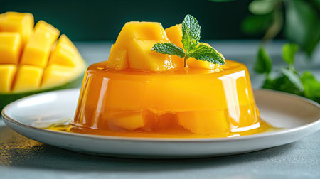 A delicious mango pudding topped with a bright mango jelly layer, decorated with a slice of fresh mango and mint on a white plate, perfect for hot summer daysの素材