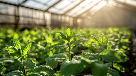 Fresh peppermint trees growing in a greenhouse within an organic garden, with the controlled environment ensuring the plants thrive in all seasons.の素材