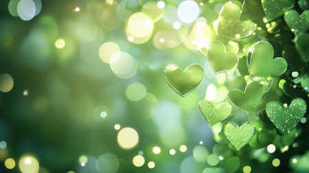 Cute and fresh green hearts with bokeh effects, enhanced by glitter and sparkles for a charming background.の素材