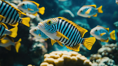 Close-up of sweetlips fish with distinctive striped patterns, swimming in a synchronized group among coral formations in Hawaii's tropical watersの素材