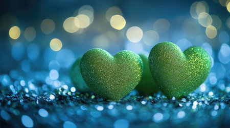 Cute green hearts with bokeh and glitter, creating a fresh and lively background filled with sparkle.の素材