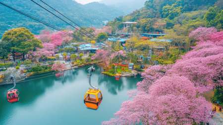 Aerial view of colorful cable cars gliding above vibrant cherry blossom trees, connecting Sun Moon Lake to Formosan Aboriginal Culture Village in Yuchi, Taiwanの素材