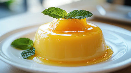A smooth and creamy mango pudding topped with a glossy mango jelly, served on a white plate with a side of fresh mint leaves, ideal for a light dessertの素材