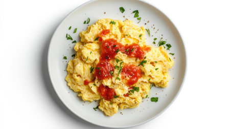 A white plate with scrambled eggs and tomato sauce, isolated on a white background, photographed from above to highlight the simplicity and freshness of the dish,の素材