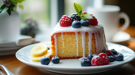 Butter vanilla cake with a glossy glaze and fresh berries, beautifully served for breakfast. A delicious morning treat with a touch of sweetness.の素材
