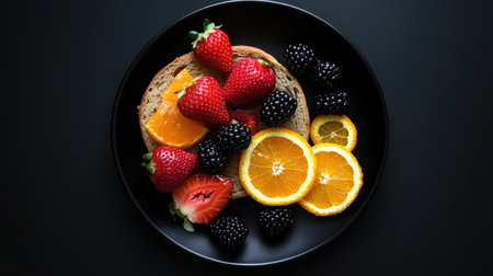 Black plate showcasing round bread with strawberries, blackberries, honey, and orange slices, with a deep black background creating a striking contrastの素材