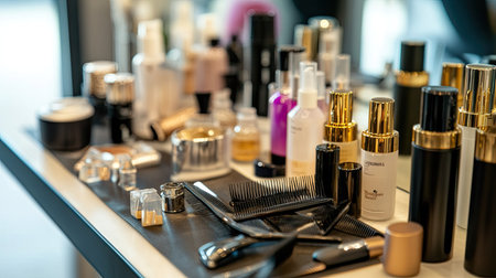 Beauty salon table with various hair sprays, combs, and accessories arranged for a professional styling session.の素材
