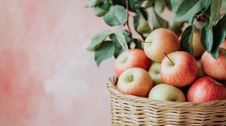 Bamboo basket with fresh apples on a soft pastel background, focusing on the natural benefits of apple extract for dark circles.の素材