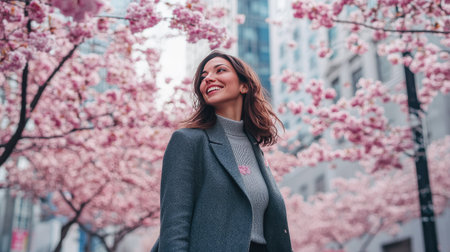 Cherry blossoms in full bloom frame a city street as a woman in a stylish gray outfit strolls by, smiling and enjoying the peaceful urban spring atmosphereの素材