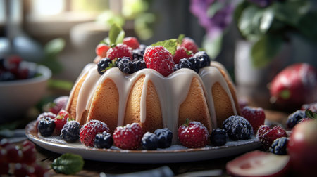 Breakfast scene with butter vanilla cake drizzled with glaze, garnished with fresh berries. A delightful start to the day.の素材