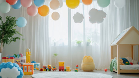 Bright children's room filled with colorful balloons, paper clouds hanging from the ceiling, and various toys scattered on the floor. Soft natural light streaming through the window.の素材