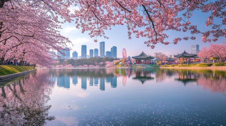 Cherry blossom petals drifting across Seokchon Lake, with reflections of Lotte Worldaes attractions on the water, a tranquil yet lively spring day in Seoulの素材