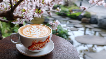 Cappuccino with latte art featuring a koi fish, served in a Kyoto cafae with a serene garden view, cherry blossoms in full bloomの素材