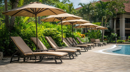 Beautifully designed chairs and umbrellas by the pool at a hotel resort, embodying a holiday vacation escape.の素材