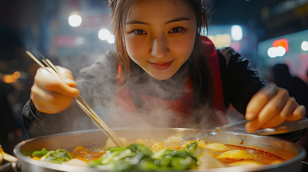 Close-up of a woman dipping vegetables into a sizzling mala hot pot in Chongqing, her expression a mix of surprise and pleasure at the intense flavorsの素材