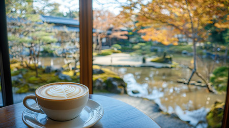 Cappuccino with perfect latte art placed on a table by a window in a Kyoto coffee shop, showcasing a serene view of a traditional Japanese gardenの素材