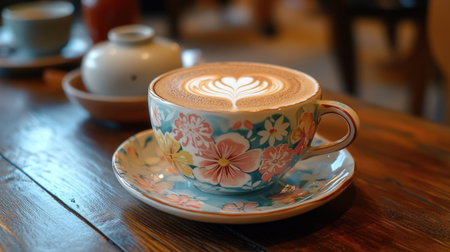 Cappuccino with a floral latte art design, served in a Kyoto cafae with traditional Japanese tatami seating, warm ambient lightingの素材