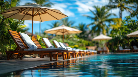 Beautiful chairs and umbrellas poolside at a resort, the ideal setting for a holiday vacation retreat.の素材