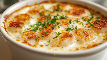 Close-up of a scallop cream gratin in a white dish, featuring a crispy cheese topping and rich, creamy sauce, garnished with fresh parsley for a classic seafood dishの素材