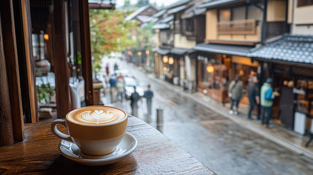Cappuccino with leaf latte art on a rustic wooden table, with a view of Kyotoaes streets through a cafae window, bustling with localsの素材