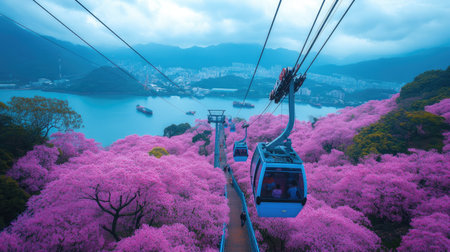 Close-up of a cable car soaring above a pink ocean of sakura trees, with views stretching from Sun Moon Lake to the Formosan Aboriginal Culture Villageの素材