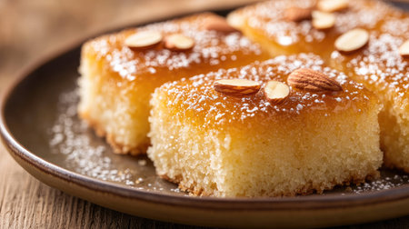 Close-up of a plate of Basbousa, a traditional semolina cake soaked in syrup and topped with almonds, served on a wooden table with a warm, golden backgroundの素材