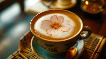 Cappuccino with a floral latte art design, served in a Kyoto cafae with traditional Japanese tatami seating, warm ambient lightingの素材