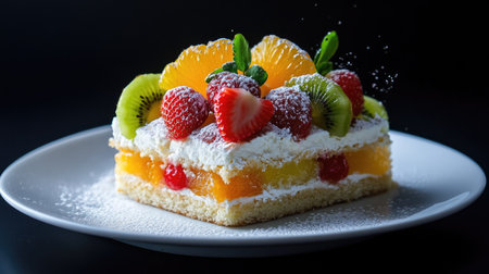Coconut cake with a topping of colorful seasonal fruits like orange, strawberry, and kiwi, on a white plate, captured against a dark black backgroundの素材