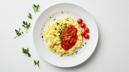 Flat lay of scrambled eggs topped with tomato sauce on a white plate, isolated on a clean white background, capturing the essence of a classic, satisfying meal,の素材